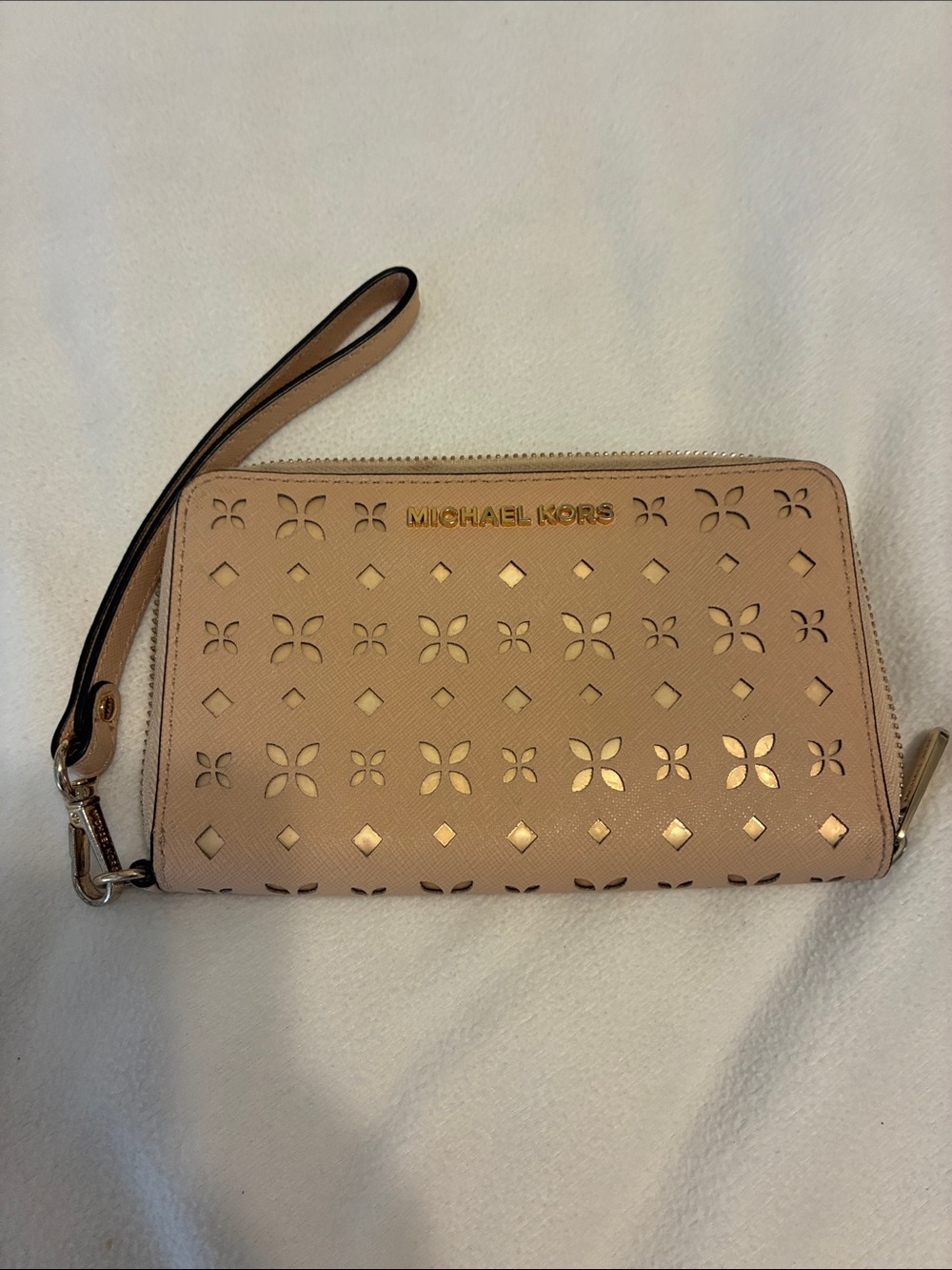 Michael Kors Nude Blush Perforated Leather Wristlet with Gold Accents